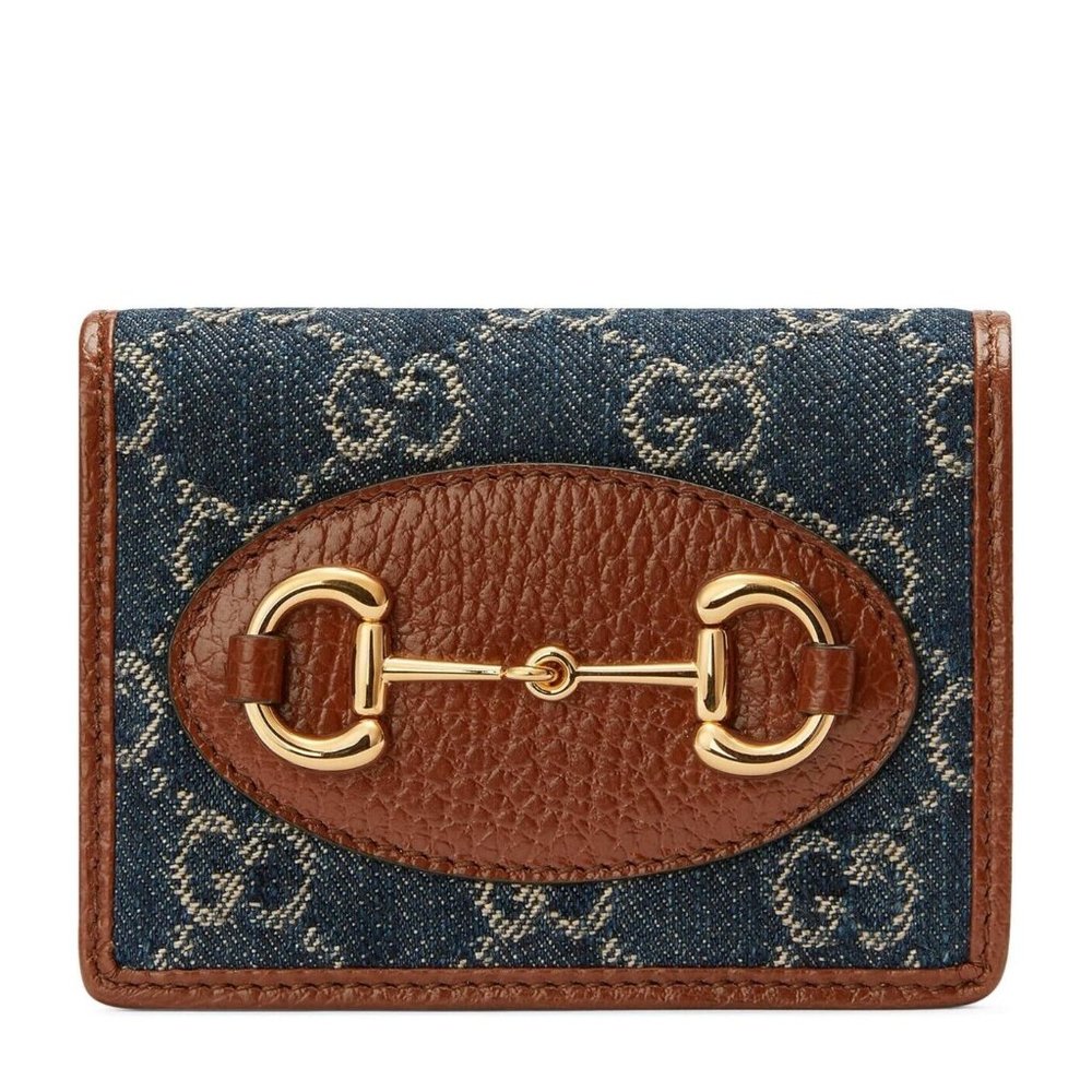Gucci Horsebit 1955 GG Card Case Wallet Brown Leather Denim Italy New